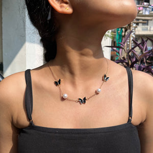 Black Butterfly Necklace with white Pearls