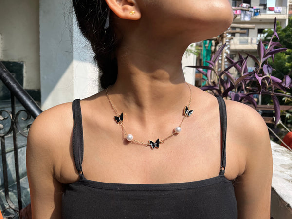 Black Butterfly Necklace with white Pearls