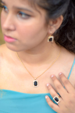 Black Rhinestone Crystal Pendant Necklace with Earrings & Ring