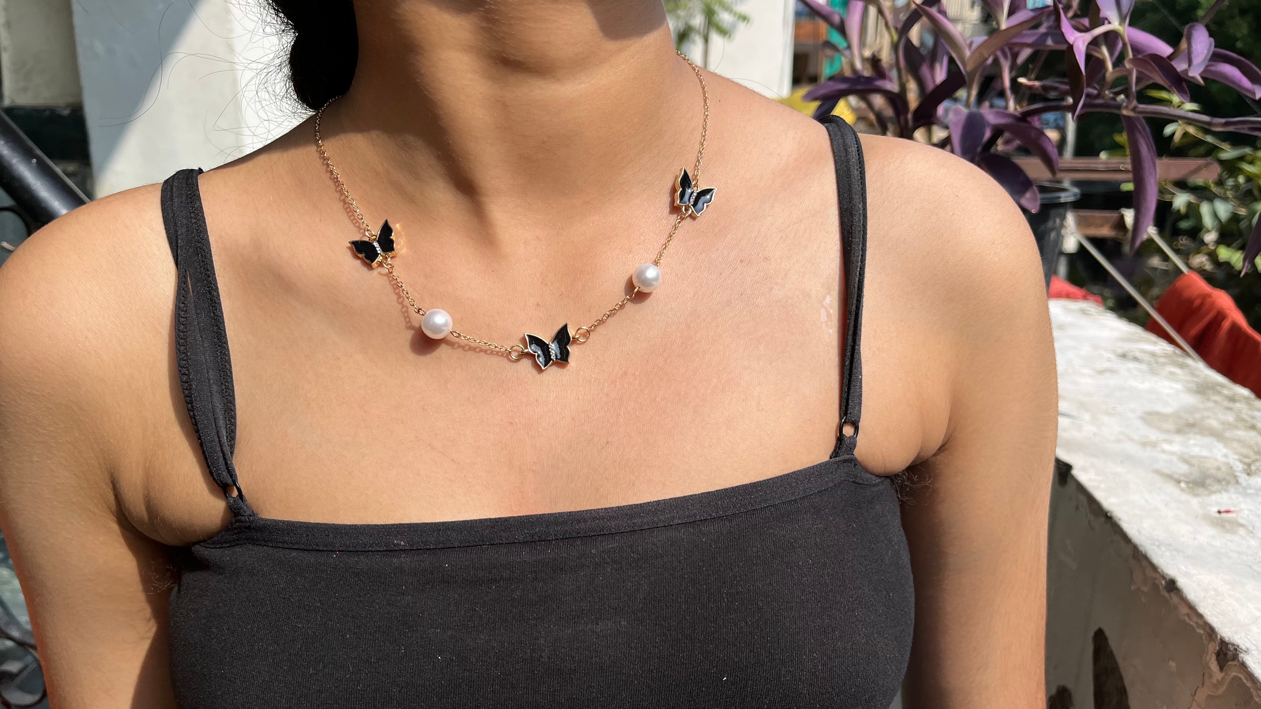 Black Butterfly Necklace with white Pearls