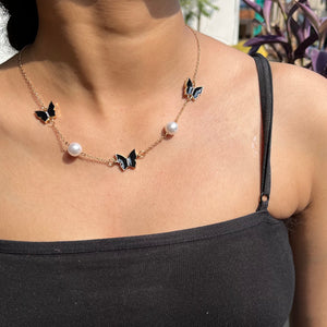 Black Butterfly Necklace with white Pearls