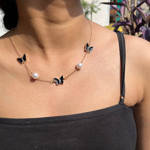 Black Butterfly Necklace with white Pearls