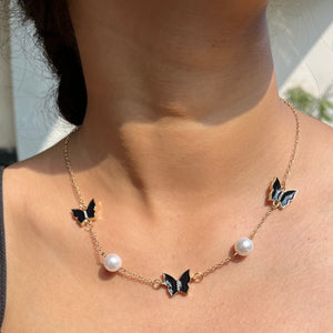 Black Butterfly Necklace with white Pearls