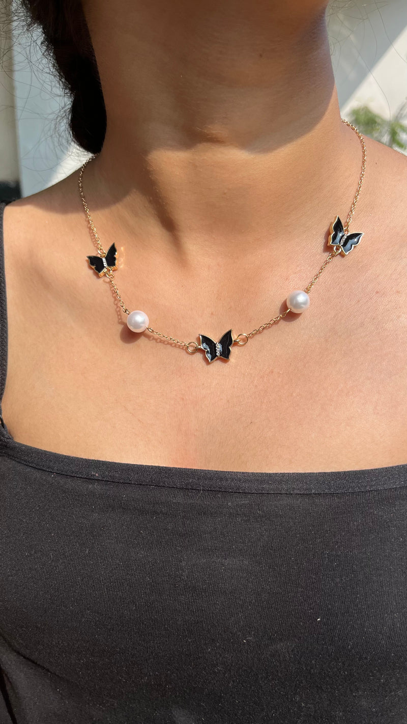 Black Butterfly Necklace with white Pearls