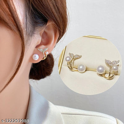 Gold-Plated Korean AD Pearl Mermaid themed Stud Earrings (2pcs)